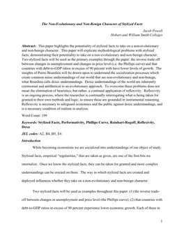 1 the Non-Evolutionary and Non-Benign Character of Stylized Facts Jacob Powell Hobart and William Smith Colleges Abstract