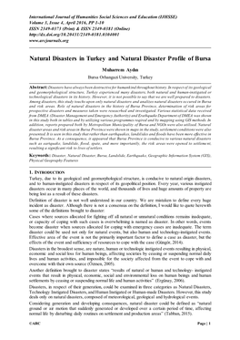 Natural Disasters in Turkey and Natural Disaster Profile of Bursa