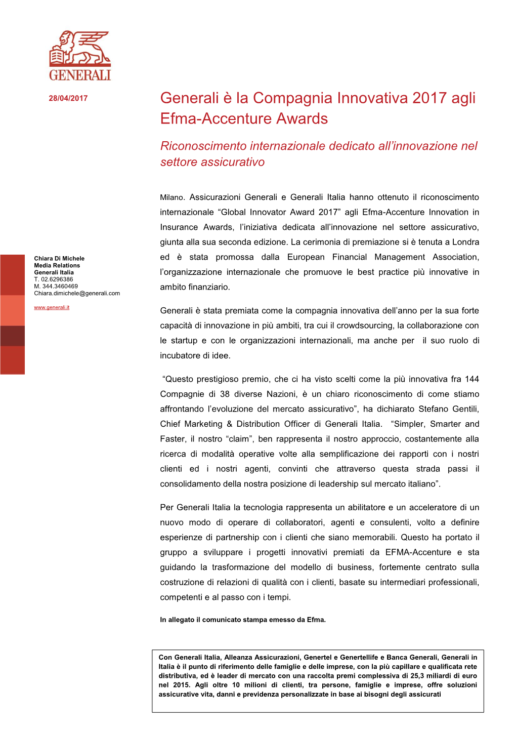 Generali È La Compagnia Innovativa 2017 Agli Efma-Accenture Awards