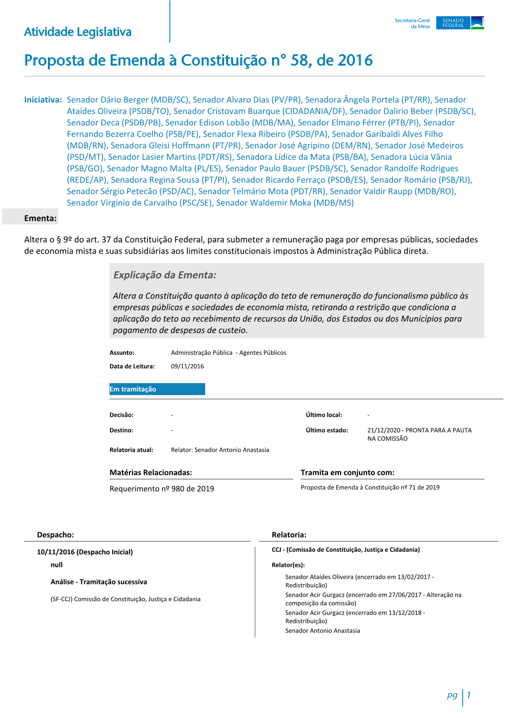 Proposta De Emenda À Constituição N° 58, De 2016