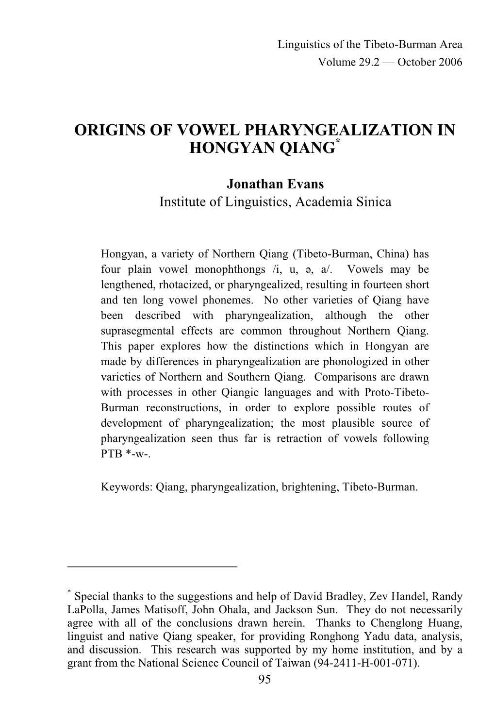 Origins of Vowel Pharyngealization in Hongyan Qiang*