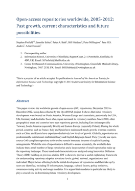 Open-Access Repositories Worldwide, 2005-2012: Past Growth, Current Characteristics and Future Possibilities