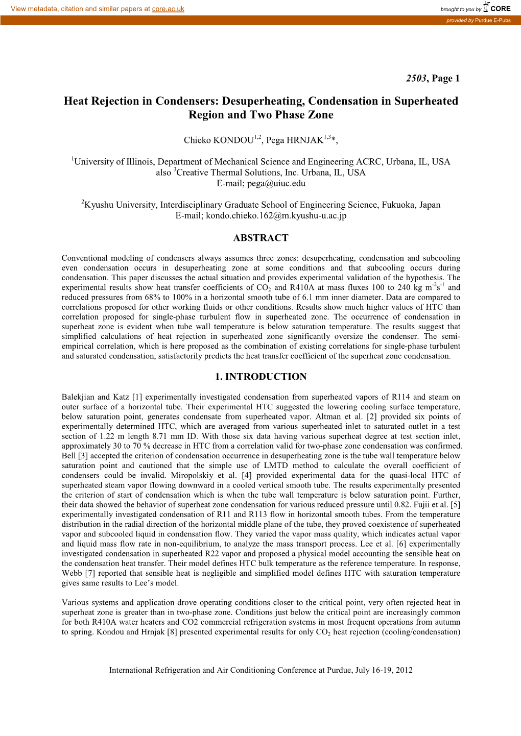 Heat Rejection in Condensers: Desuperheating, Condensation in ...