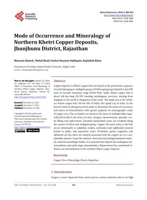 Mode of Occurrence and Mineralogy of Northern Khetri Copper Deposits, Jhunjhunu District, Rajasthan