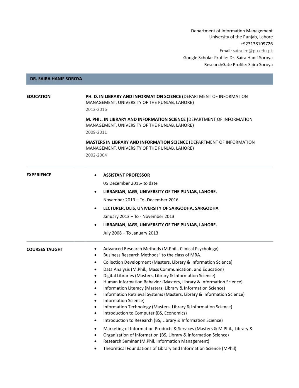 CV of Dr. Saira Hanif Soroya - DocsLib