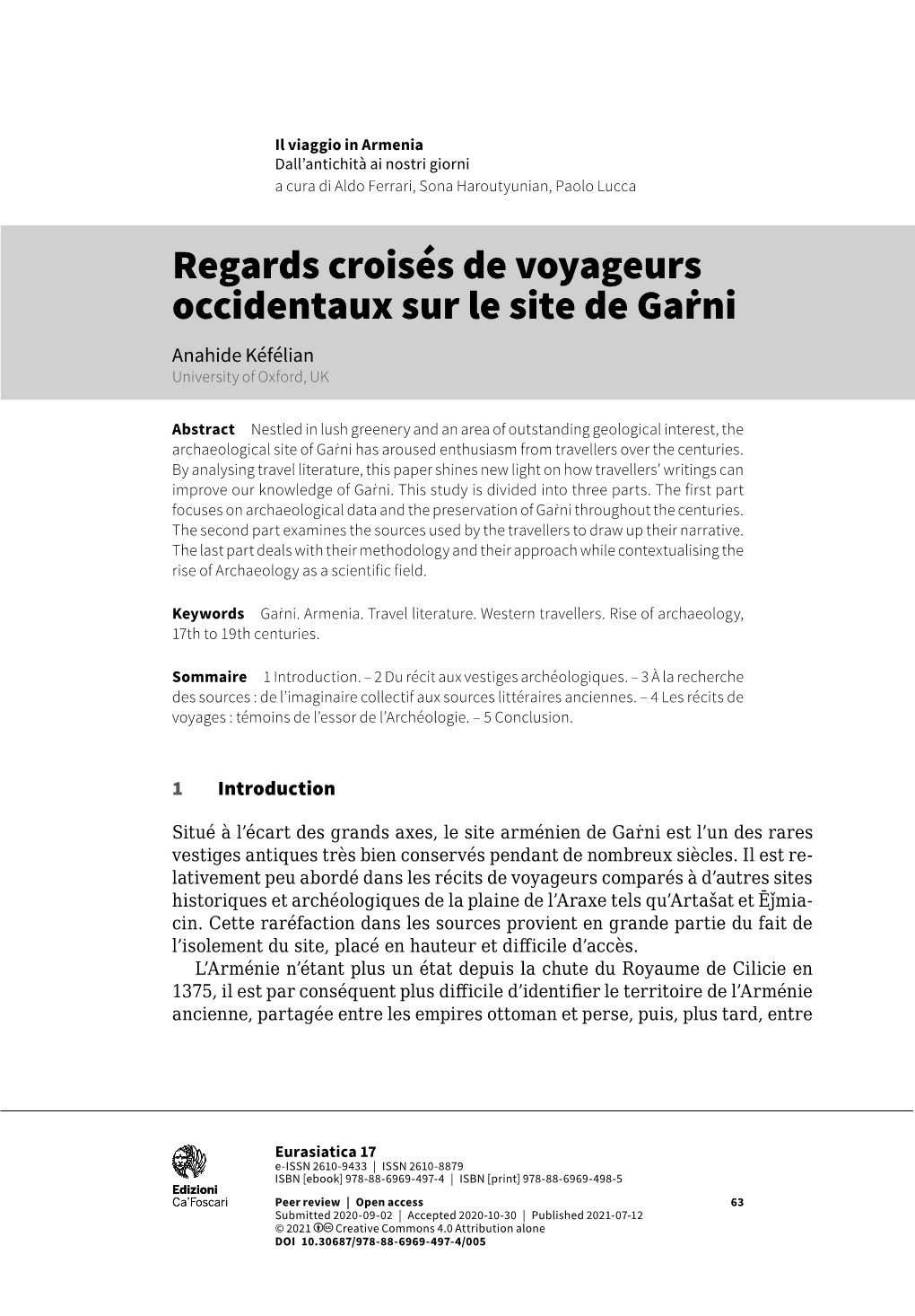Regards Croisés De Voyageurs Occidentaux Sur Le Site De Gaṙni Anahide Kéfélian University of Oxford, UK