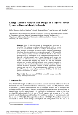 Energy Demand Analysis and Design of a Hybrid Power System in Bawean Islands, Indonesia
