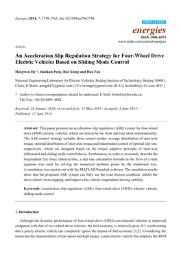 An Acceleration Slip Regulation Strategy for Four-Wheel Drive Electric Vehicles Based on Sliding Mode Control