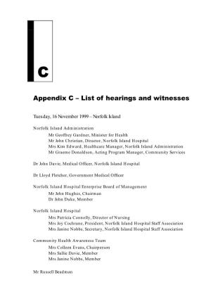 Appendix C – List of Hearings and Witnesses 171