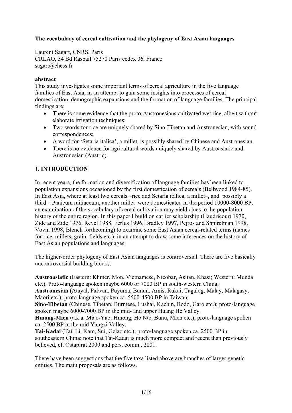 1/16 the Vocabulary of Cereal Cultivation and the Phylogeny Of