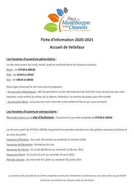 Fiche D'information 2020-2021 Accueil De Vellefaux