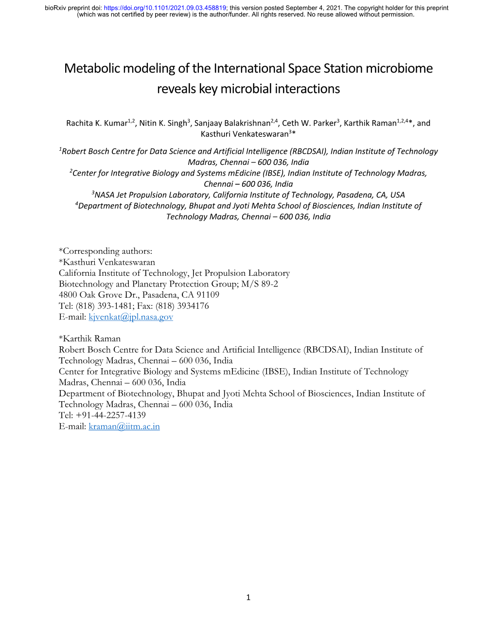 Metabolic Modeling of the International Space Station Microbiome Reveals Key Microbial Interactions