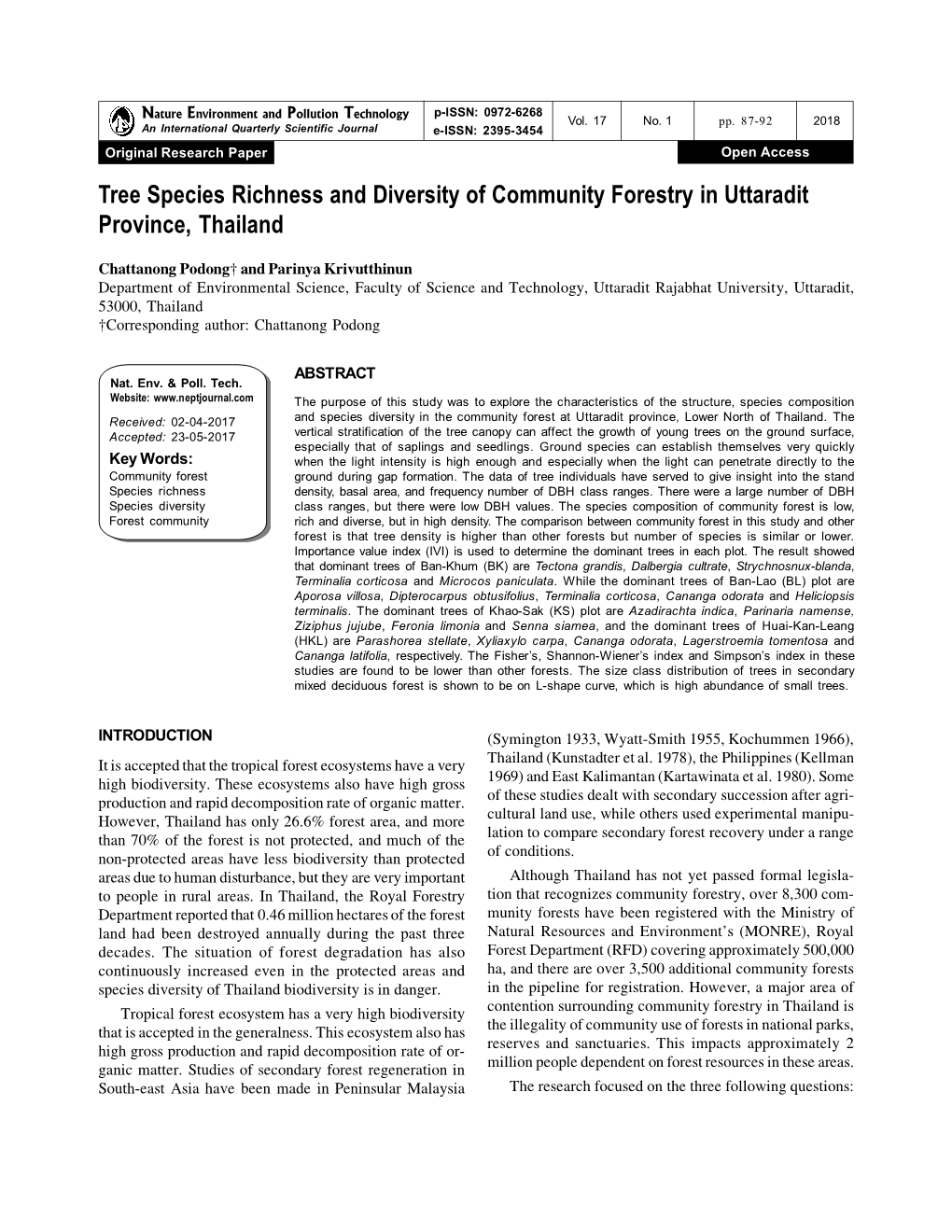 Tree Species Richness and Diversity of Community Forestry in Uttaradit Province, Thailand