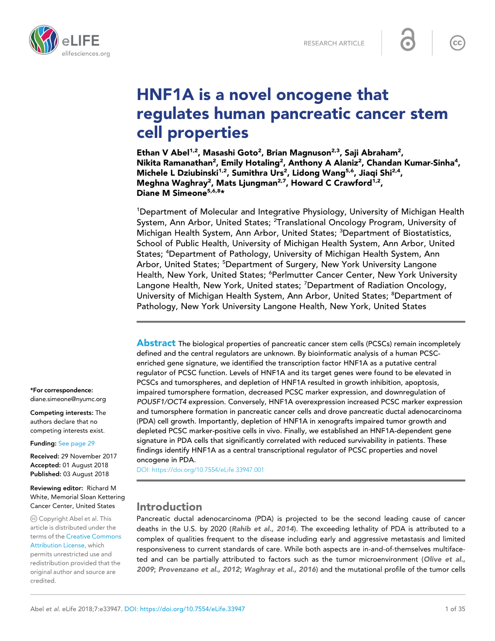HNF1A Is a Novel Oncogene That Regulates Human Pancreatic Cancer