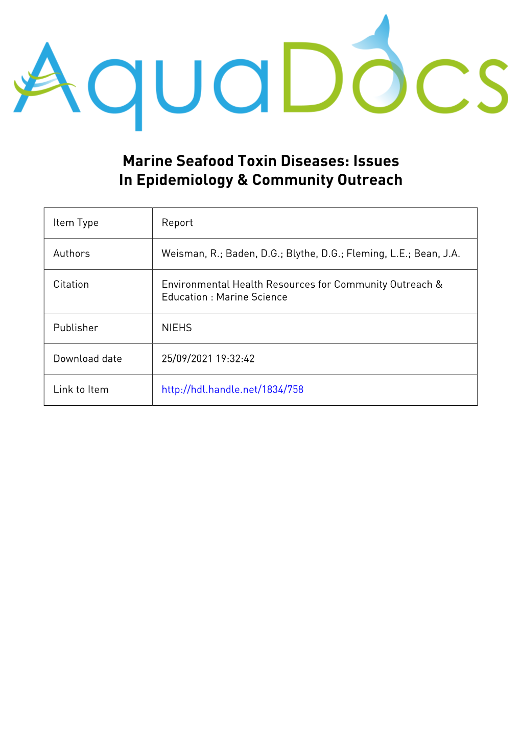 Marine Seafood Toxin Diseases: Issues in Epidemiology & Community Outreach