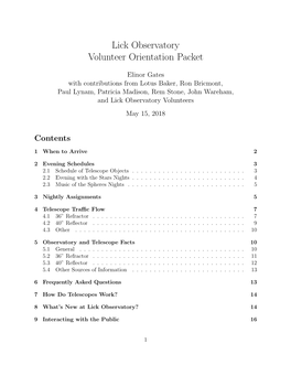 Lick Observatory Volunteer Orientation Packet