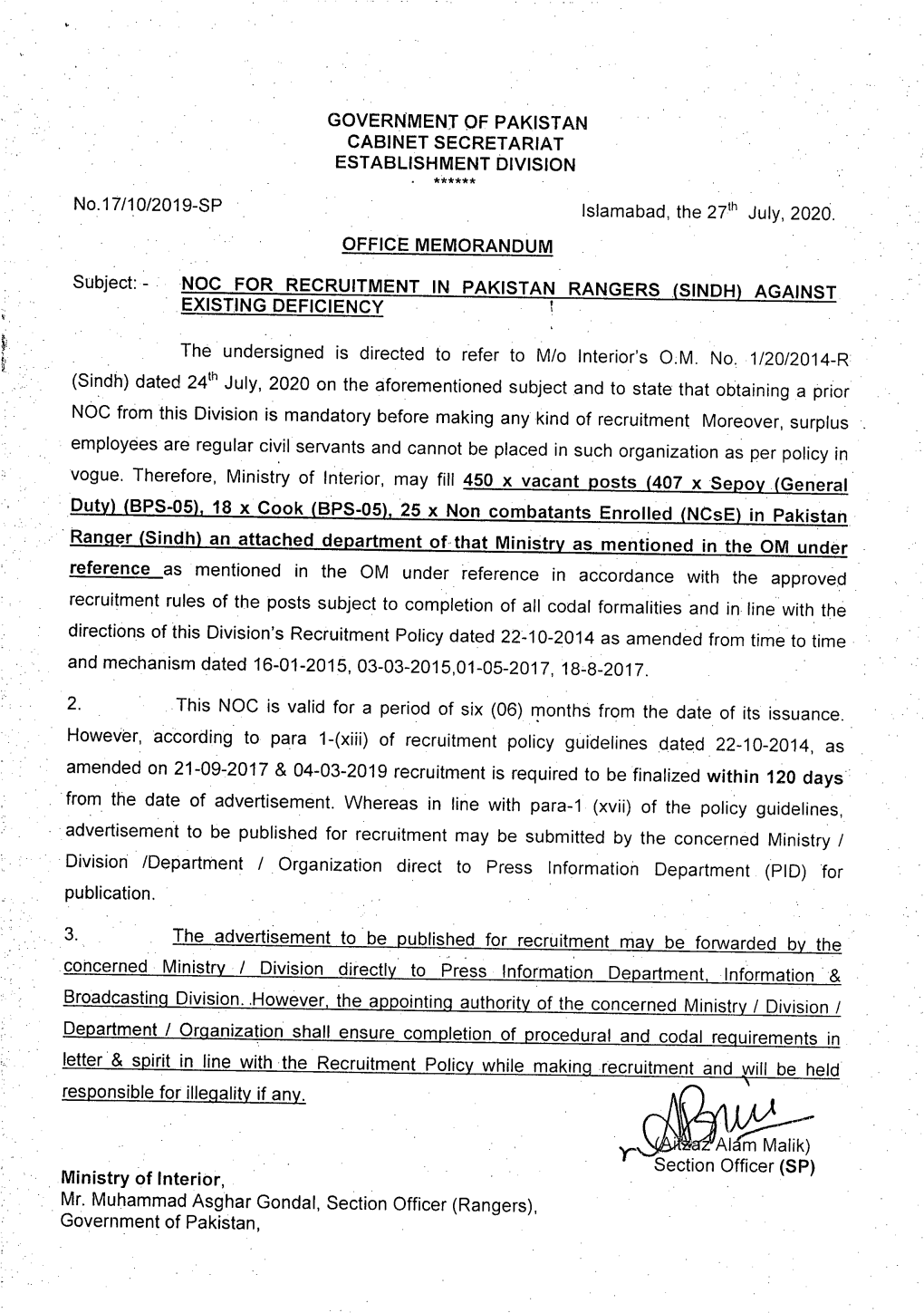 Noc for Recruitment in Pakistan Rangers (Sindh) Against Existing Deficiency