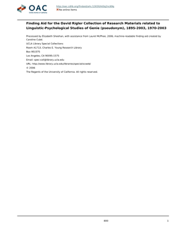 David Rigler Collection of Research Materials Related to Linguistic-Psychological Studies of Genie (Pseudonym), 1895-2003, 1970-2003