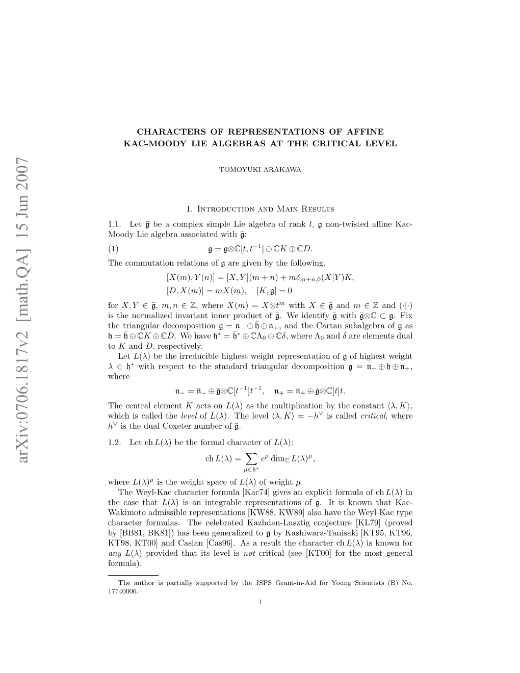Characters of Representations of Affine Kac-Moody Lie Algebras at The