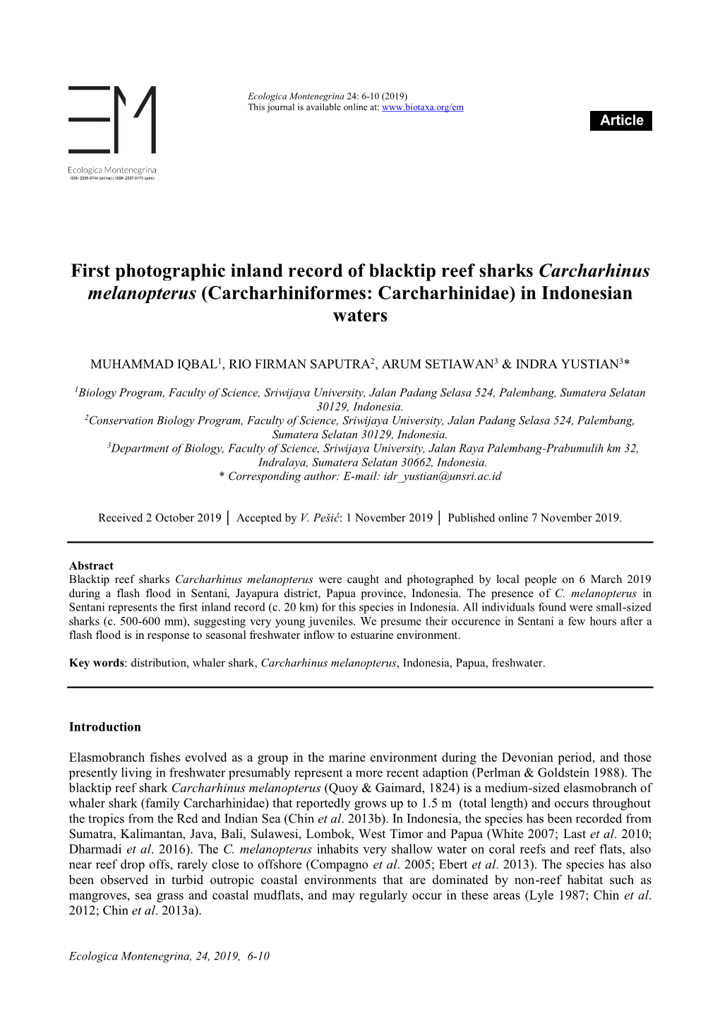 First Photographic Inland Record of Blacktip Reef Sharks Carcharhinus Melanopterus (Carcharhiniformes: Carcharhinidae) in Indonesian Waters