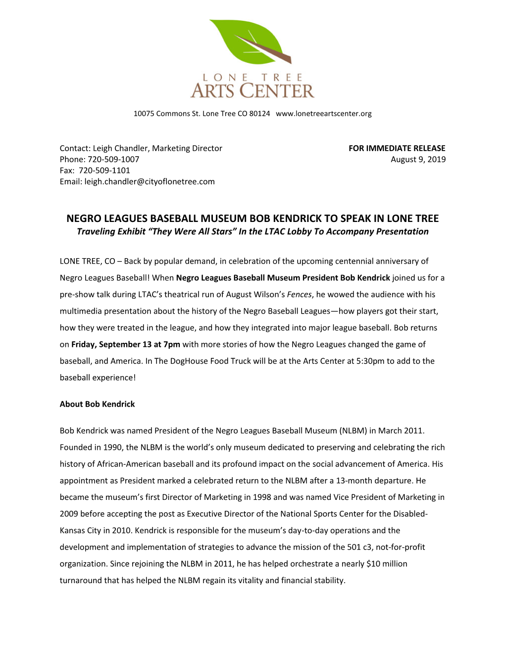 NEGRO LEAGUES BASEBALL MUSEUM BOB KENDRICK to SPEAK in LONE TREE Traveling Exhibit “They Were All Stars” in the LTAC Lobby to Accompany Presentation