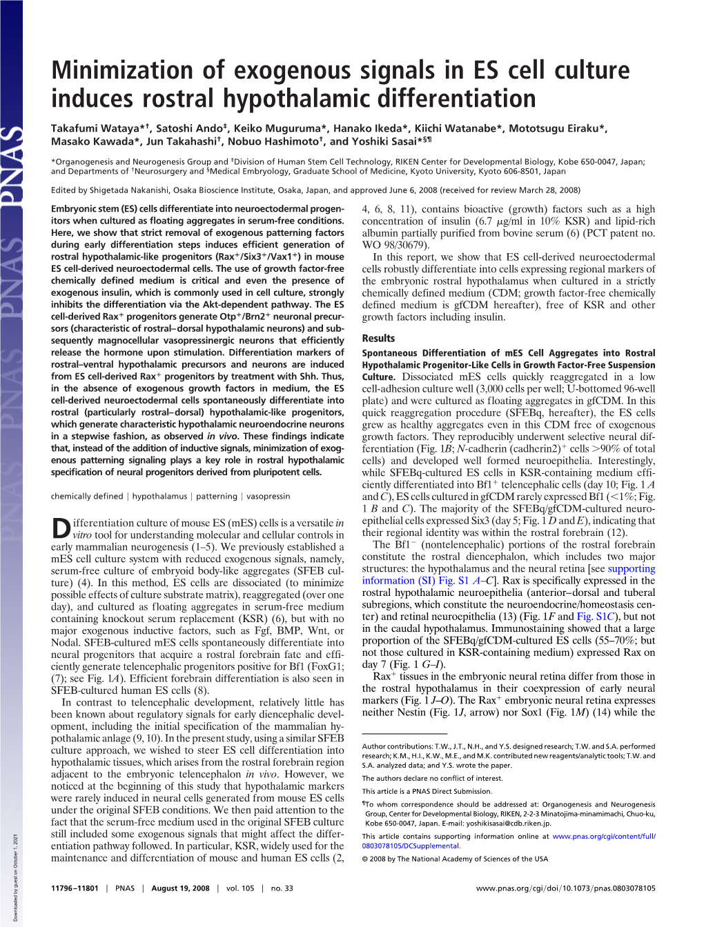 Minimization of Exogenous Signals in ES Cell Culture Induces Rostral Hypothalamic Differentiation