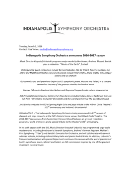 Indianapolis Symphony Orchestra Announces 2016-2017 Season