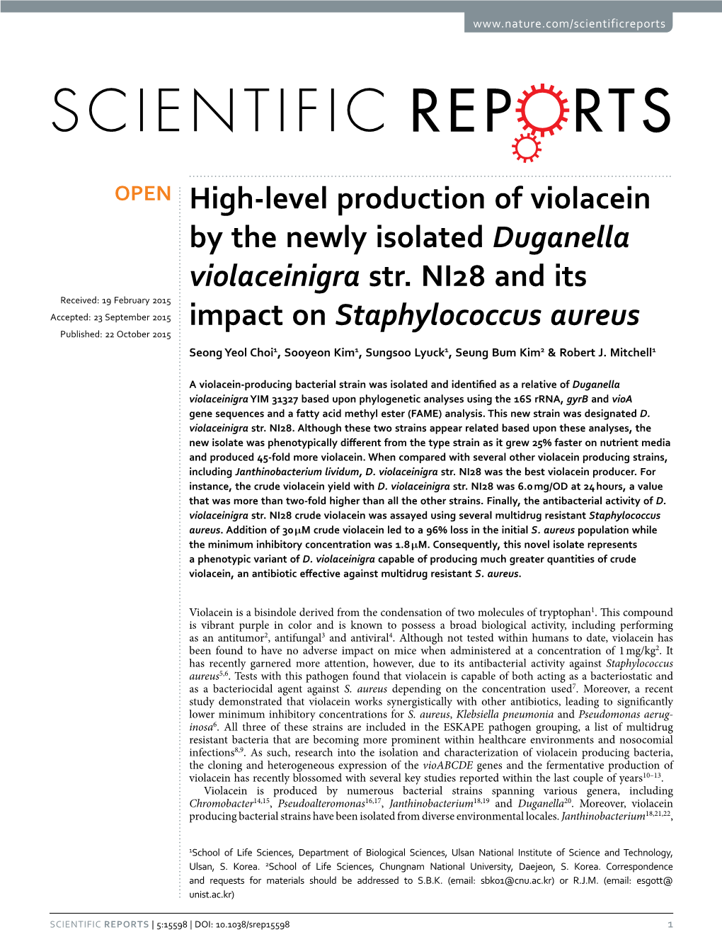 High-Level Production of Violacein by the Newly Isolated Duganella Violaceinigra Str. NI28 and Its Impact on Staphylococcus Aureus