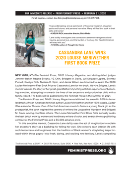 Cassandra Lane Wins 2020 Louise Meriwether First Book Prize