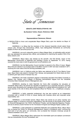 A RESOLUTION to Honor and Congratulate Mayor Megan Barry Upon Her Election As Mayor of Nashville