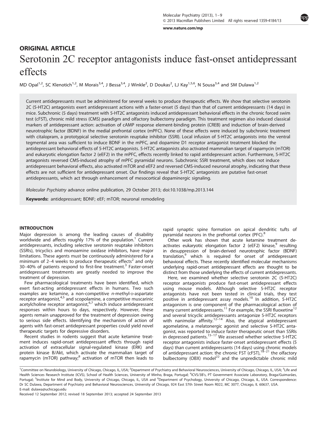 Serotonin 2C Receptor Antagonists Induce Fast-Onset Antidepressant Effects