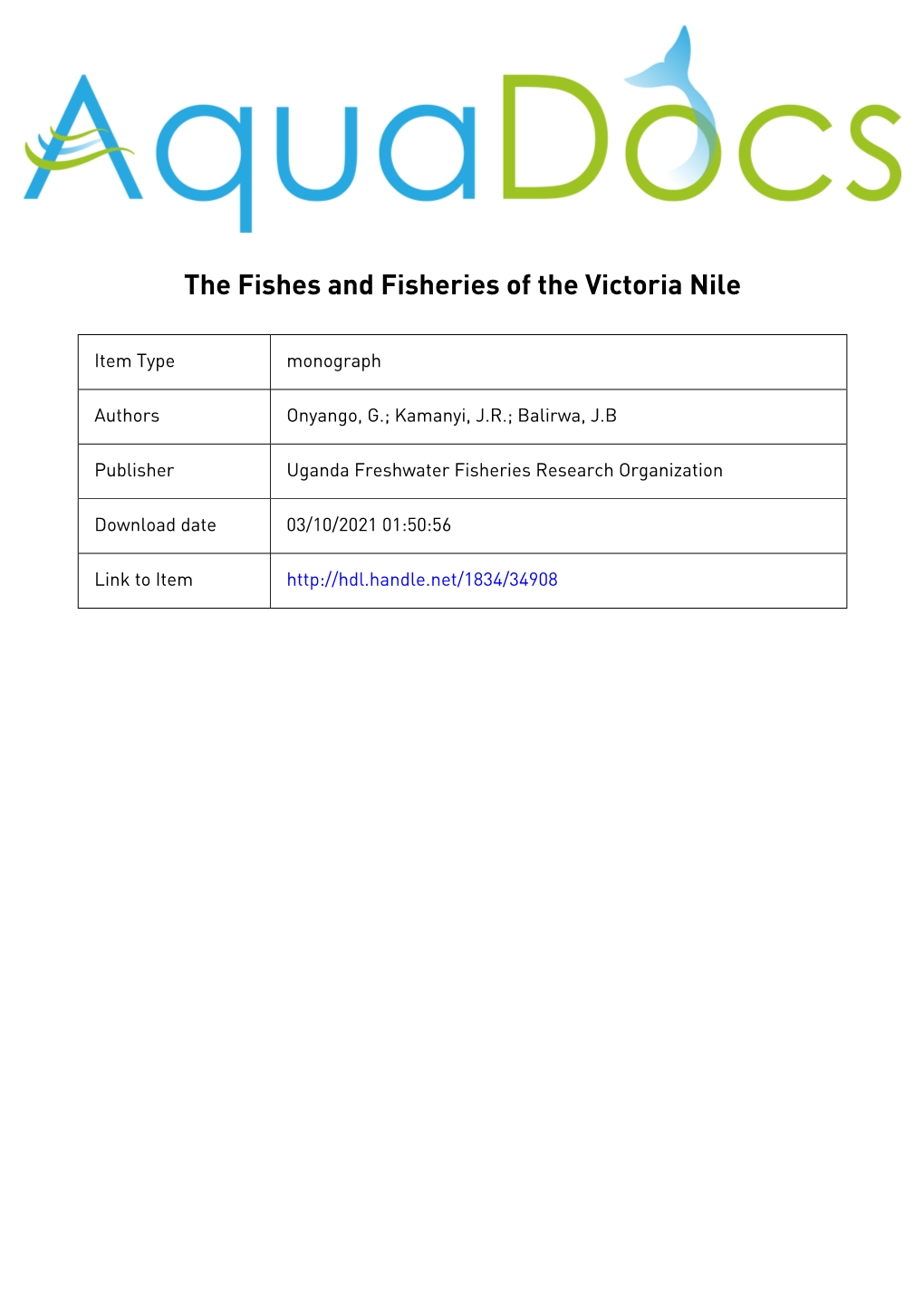 19. the Fishes and Fisheries of the Victoria Nile (By:Onyango G