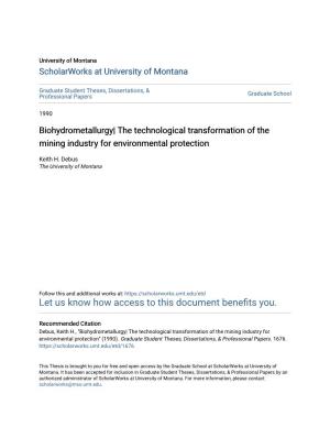 Biohydrometallurgy| the Technological Transformation of the Mining Industry for Environmental Protection