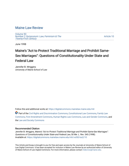 Act to Protect Traditional Marriage and Prohibit Same-Sex Marriages": Questions of Constitutionality Under State and Federal Law, 50 Me