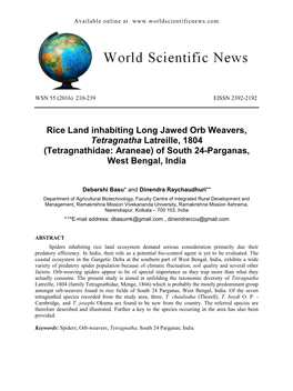 Rice Land Inhabiting Long Jawed Orb Weavers, Tetragnatha Latreille, 1804 (Tetragnathidae: Araneae) of South 24-Parganas, West Bengal, India