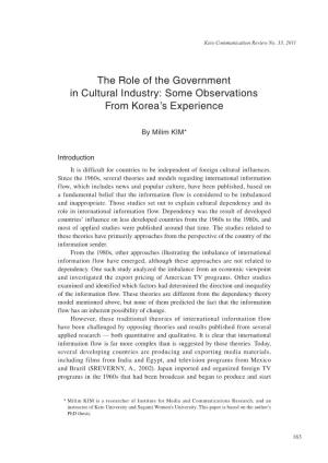 The Role of the Government in Cultural Industry: Some Observations from Korea’S Experience