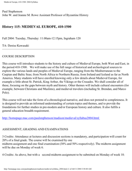 History 115: MEDIEVAL EUROPE, 410-1500