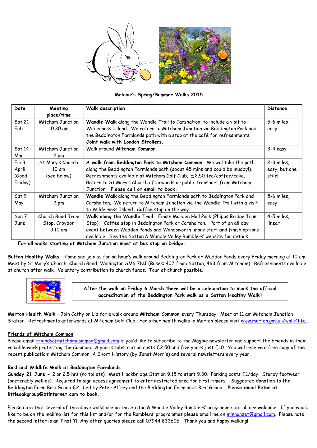 Melanie's Spring/Summer Walks 2015 Date Meeting Place/Time Walk