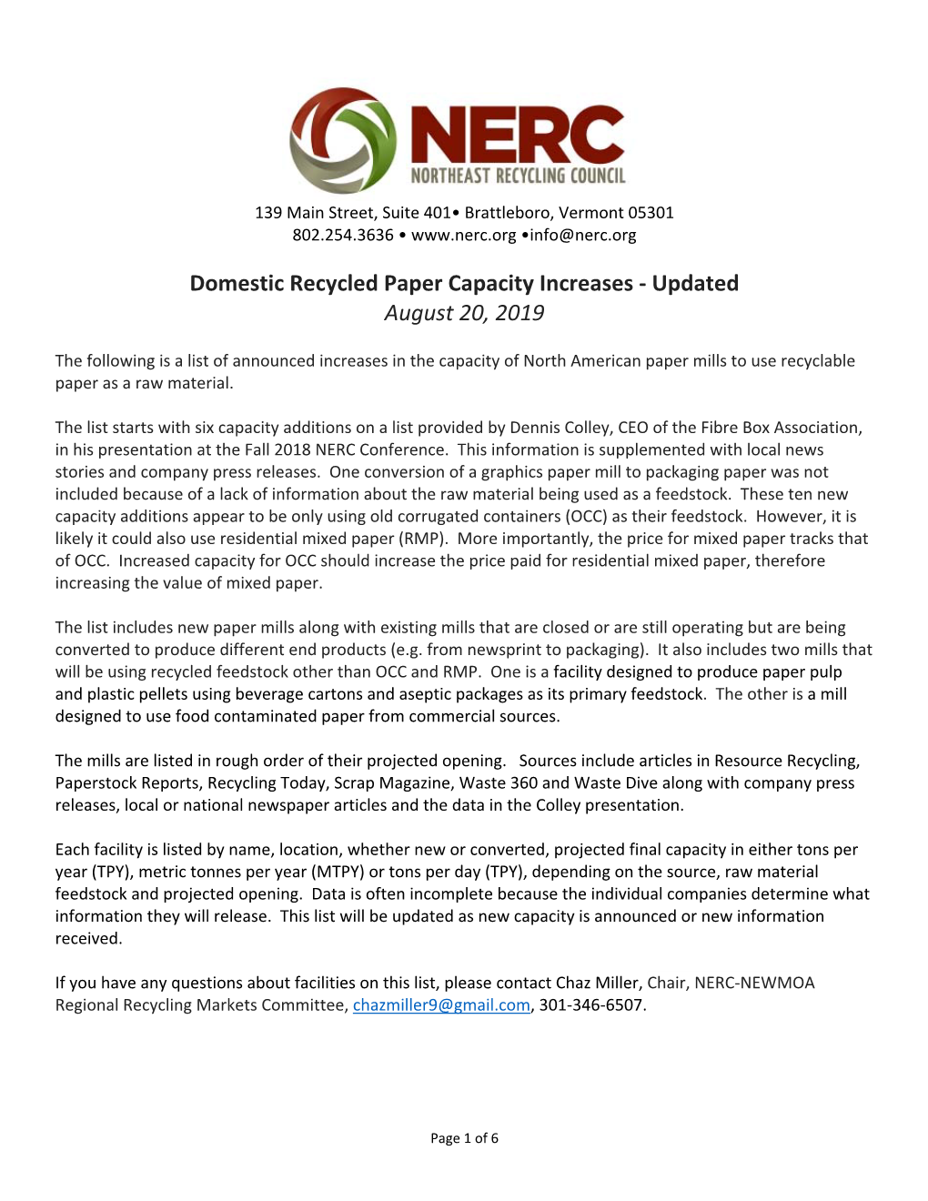 Domestic Recycled Paper Capacity Increases ‐ Updated August 20, 2019