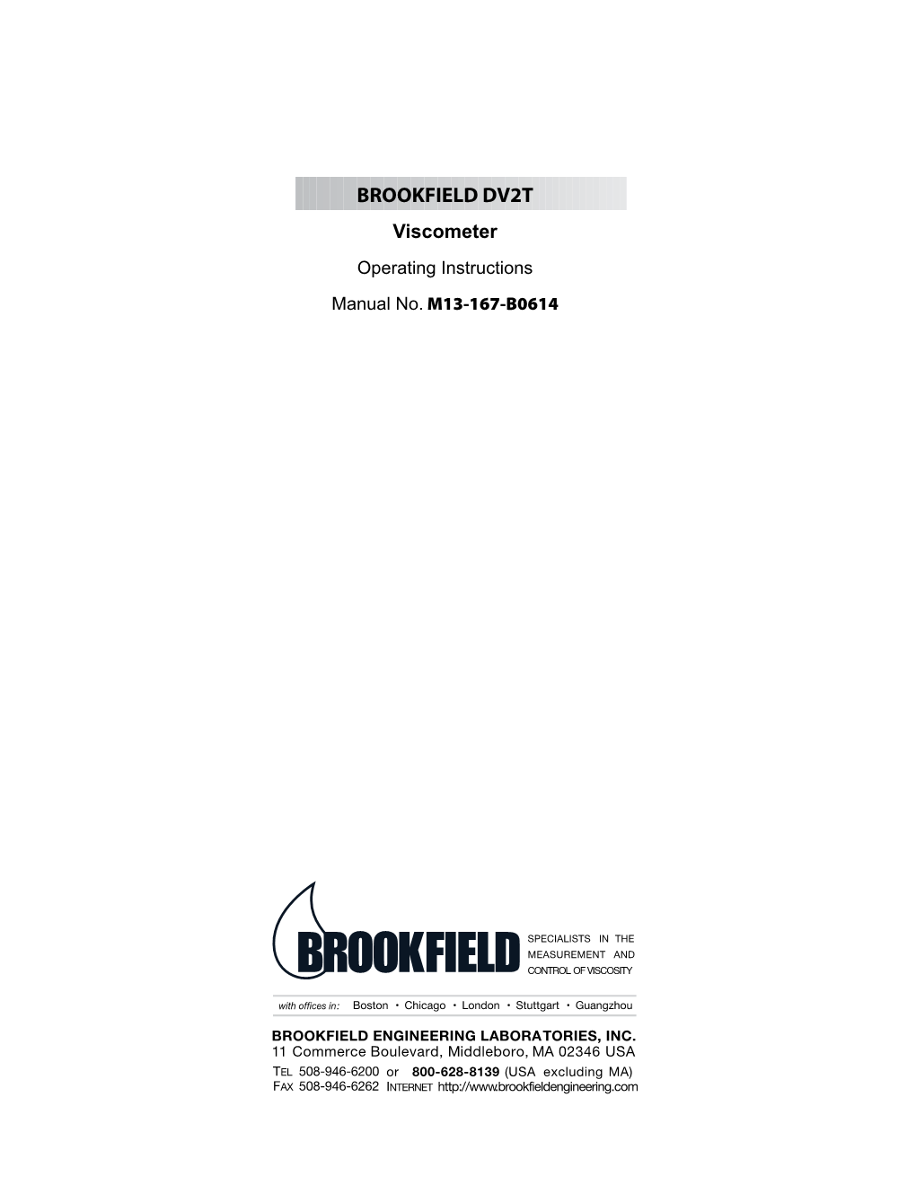 BROOKFIELD DV2T Viscometer Operating Instructions Manual No