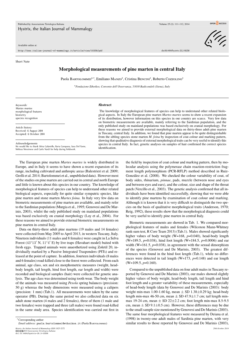 Morphological Measurements of Pine Marten in Central Italy