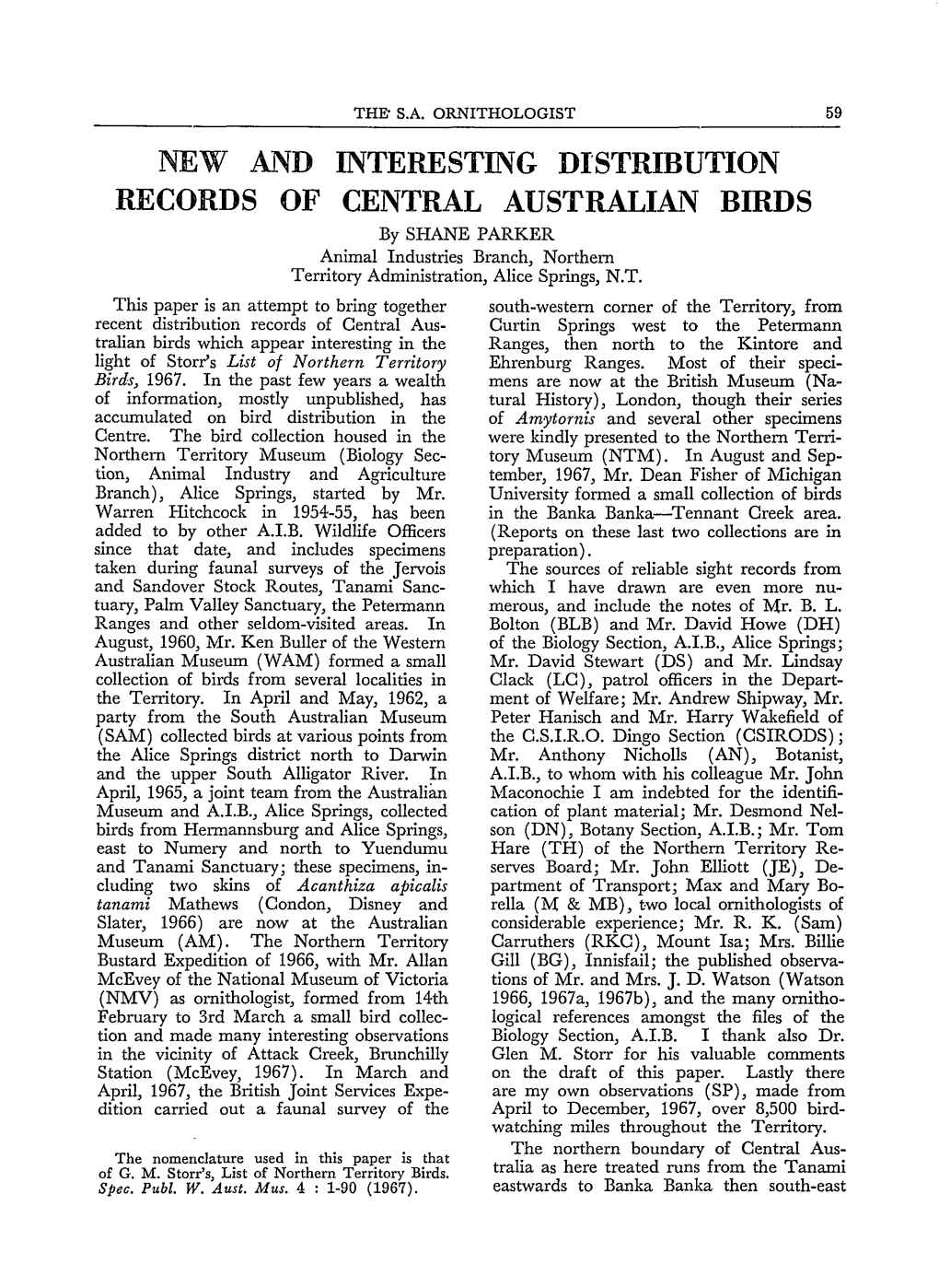 Records of Interesting Distribution Central Australian Birds
