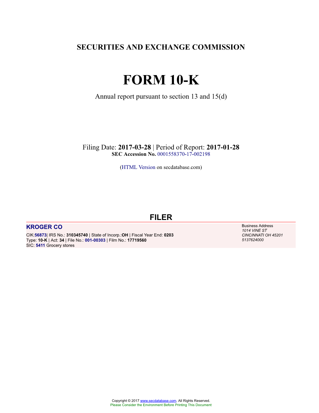 KROGER CO Form 10-K Annual Report Filed 2017-03-28