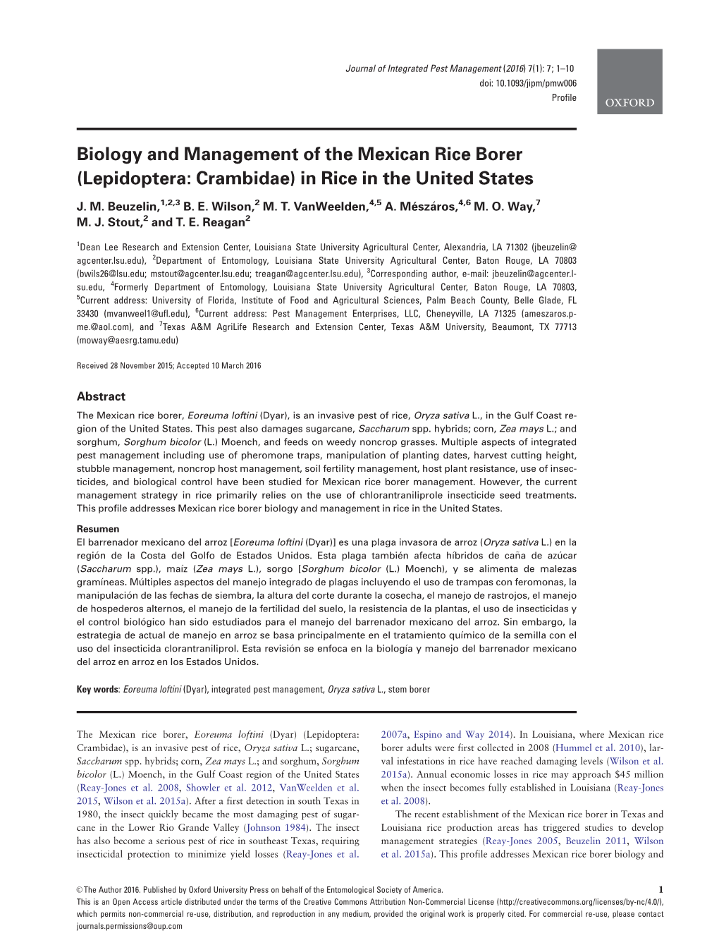 Biology and Management of the Mexican Rice Borer (Lepidoptera: Crambidae) in Rice in the United States