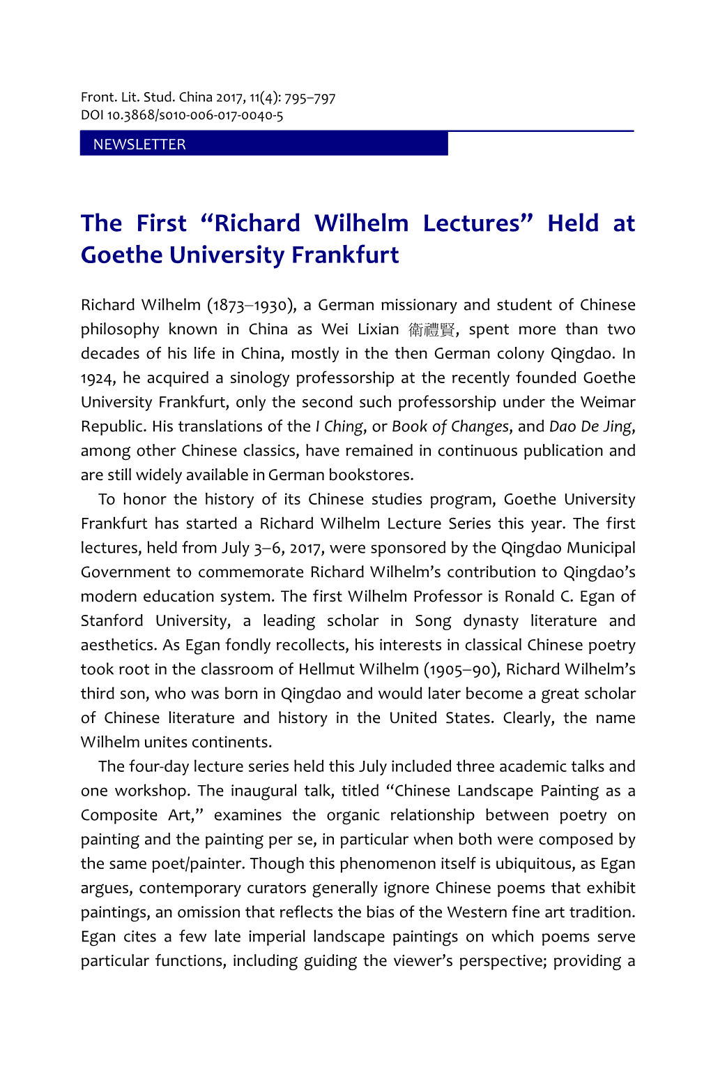 Richard Wilhelm Lectures” Held at Goethe University Frankfurt