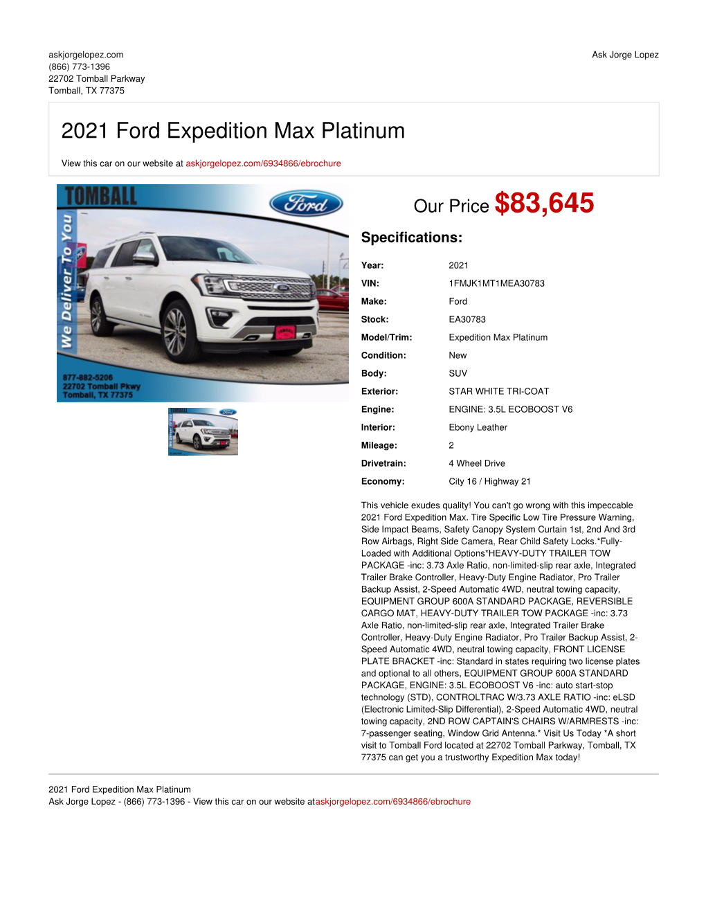 2021 Ford Expedition Max Platinum | Tomball, TX | Ask Jorge Lopez