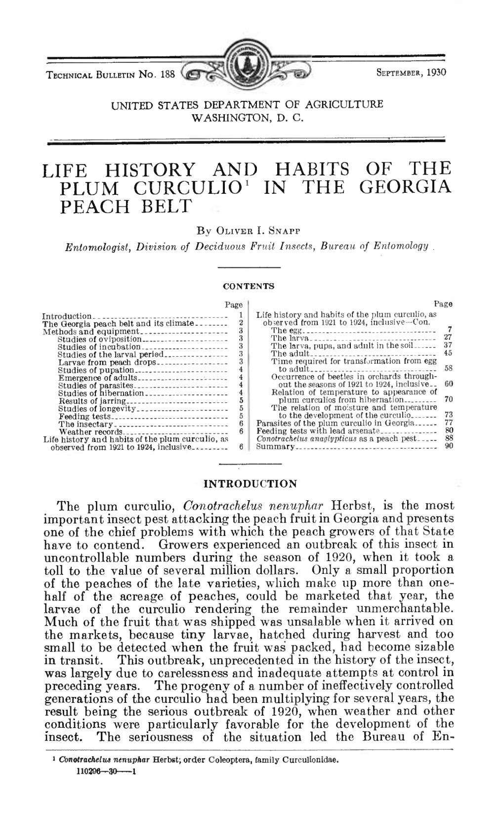 Life History and Habits of the Plum Curculio' in the Georgia Peach Belt