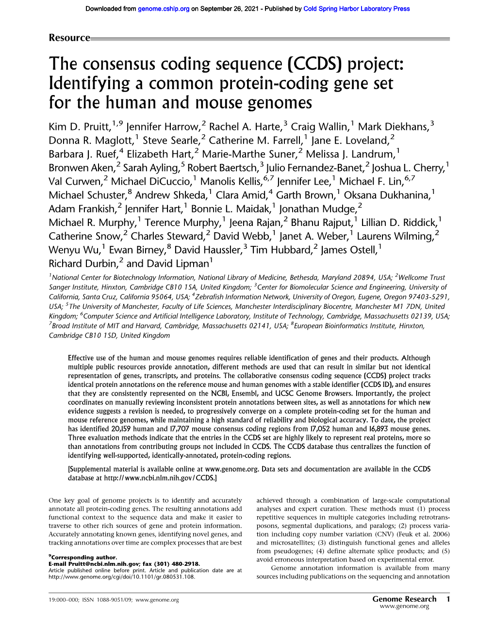 (CCDS) Project: Identifying a Common Protein-Coding Gene Set for the Human and Mouse Genomes