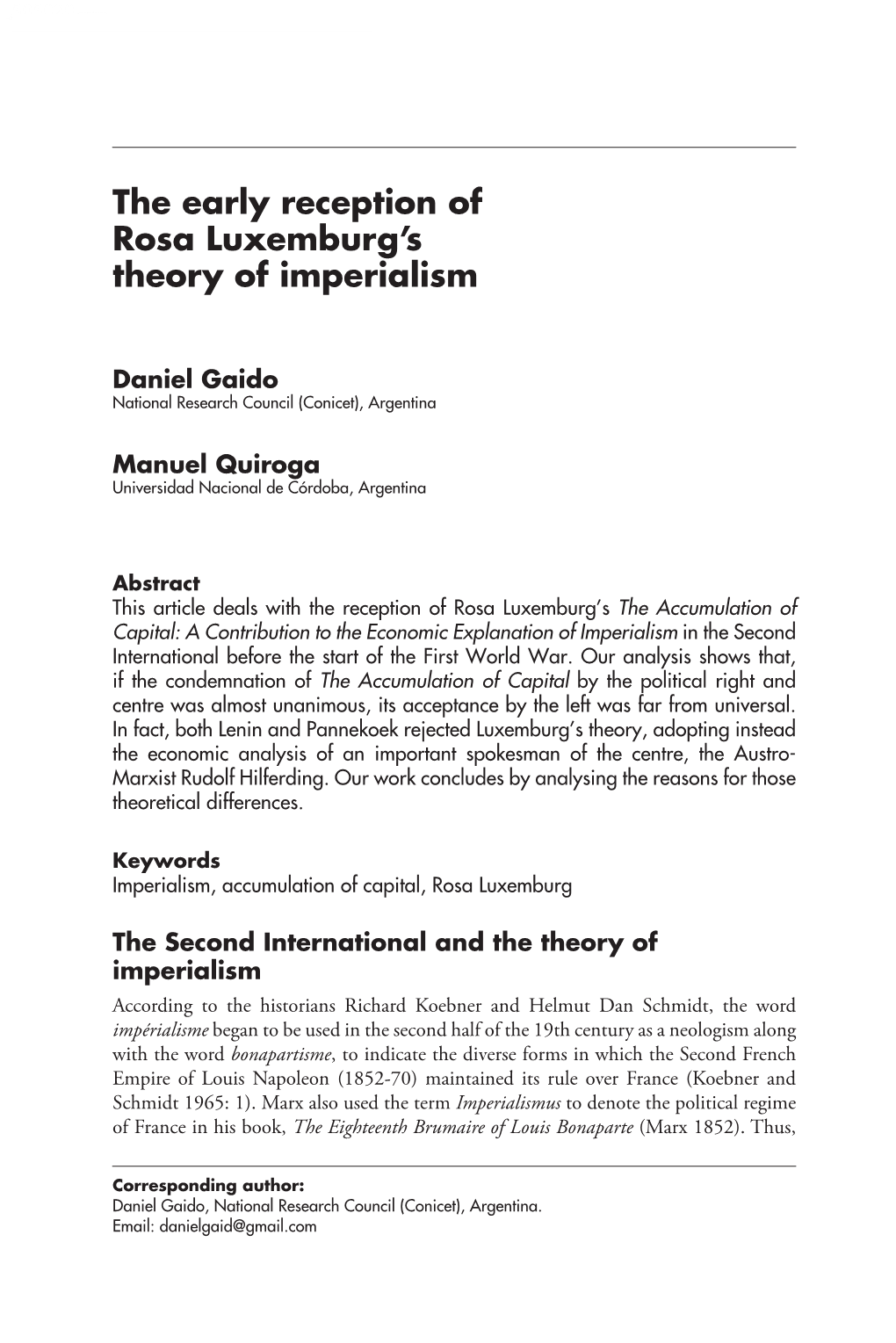 The Early Reception of Rosa Luxemburg's Theory of Imperialism