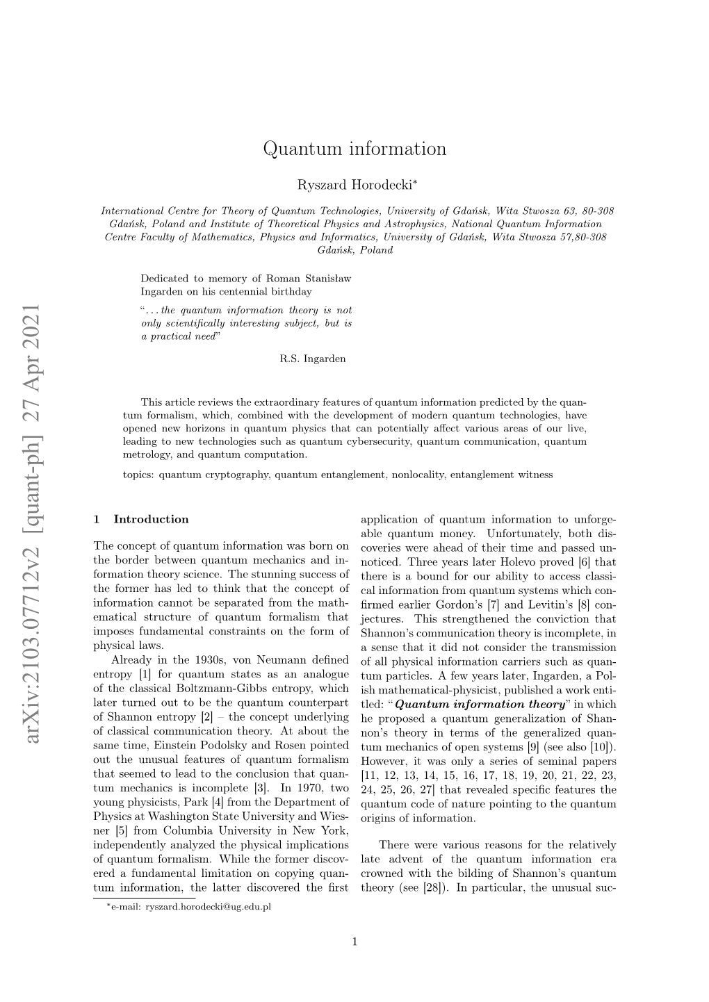 Arxiv:2103.07712V2 [Quant-Ph] 27 Apr 2021 Same Time, Einstein Podolsky and Rosen Pointed Tum Mechanics of Open Systems [9] (See Also [10])